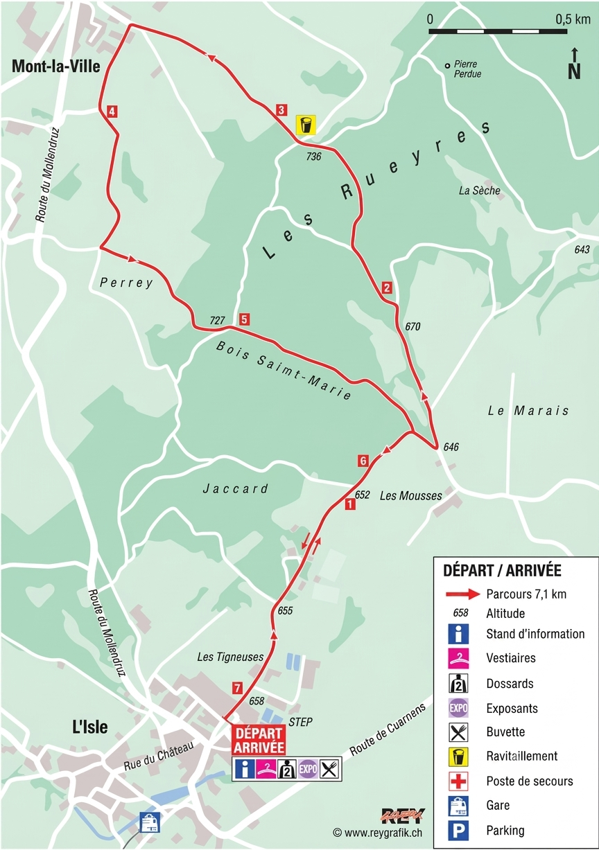 Carte du parcours de 7,1 km — L'Isle, Mont-la-Ville, Bois Saint-Marie
